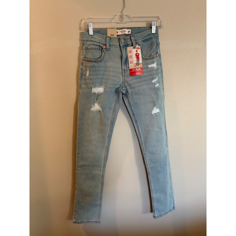 Levis 511 Slim Performance Jeans Kids Size 16 Light Wash Distressed Adjustable